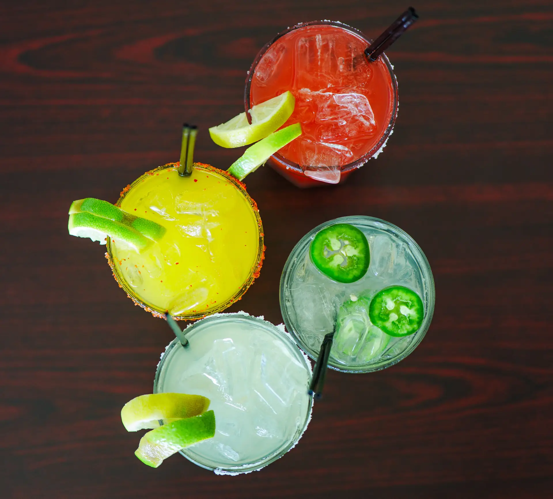Three margaritas — classic, strawberry and jalapeño