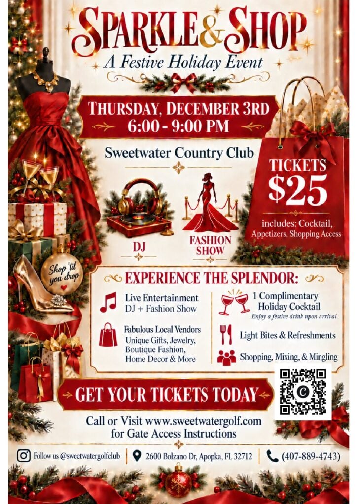 Sparkle & Shop holiday event flyer — Thursday, December 3, 6–9 pm at Sweetwater Country Club, tickets $25